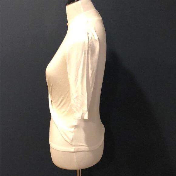 Ivory Ribbed Mock Neck Top with Front Twist Detail White Tee Size Large - Picture 4 of 5